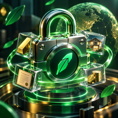 Metallic AssetLatch lock surrounded by tokenized real-world assets